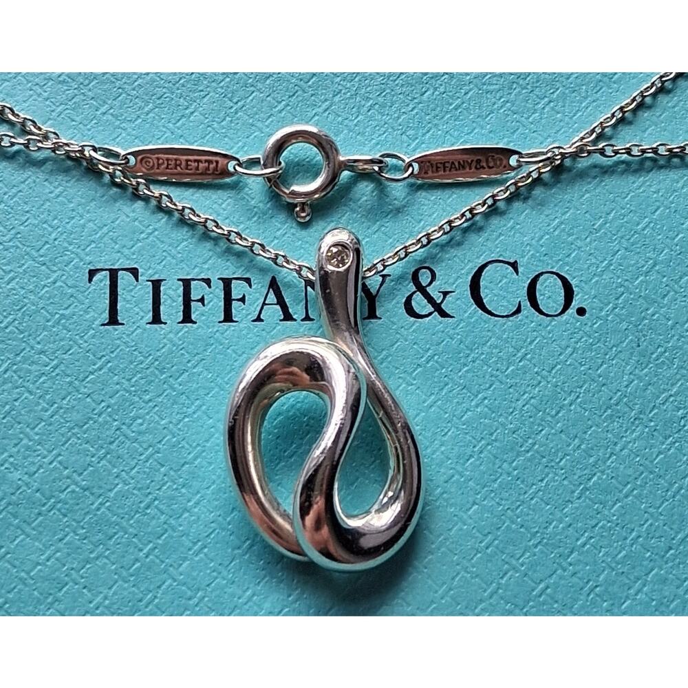 Genuine Tiffany & Co. Silver Elsa Peretti DIAMOND Open Wave Pendant Necklace 18”